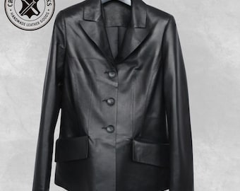 Handmade Black Leather Moto Jacket - Slim Fit Women's Blazer