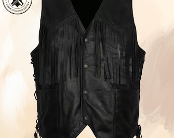Men's Black Leather Fringe Vest: Handmade Western Biker Style