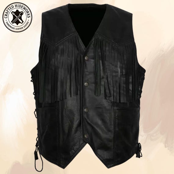 Men's Black Leather Fringe Vest: Handmade Western Biker Style