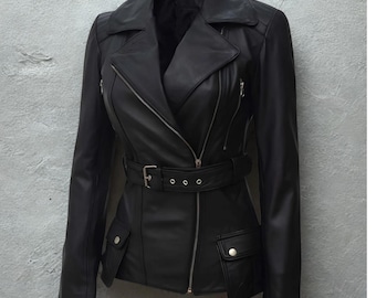 Women's Handmade Black Genuine Leather Biker Jacket, Vintage Style