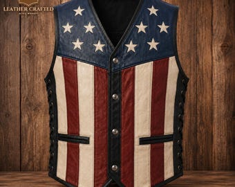 American Flag Leather Vest, USA Flag Leather Vest for Men, Patriotic Vest, Handmade Genuine Leather Motorcycle Vest, Western Cowboy Vest