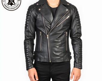 Handmade Black Leather Biker Jacket - Slim Fit Motorcycle Style, Personalized Leather Coat