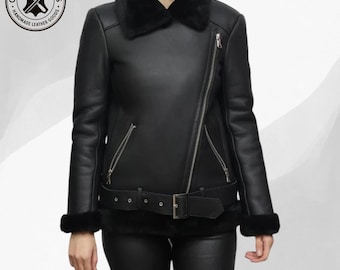 Handmade Black Shearling Leather Jacket, Vintage Moto Jacket