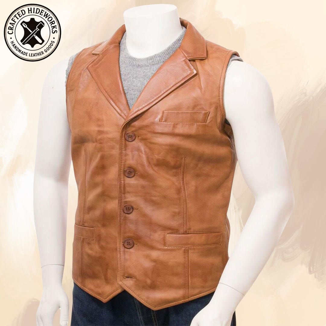 Men's Brown Leather Vest, Brown Leather Waistcoat, Real Leather ...