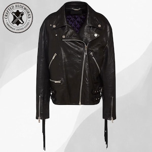 Women Black Leather Fringe Jacket, New Western Fringe Leather Jacket for Ladies, Fringed Real Leather Women&#39;s Motorcycle Jacket, Handmade