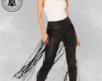 Handmade Black Leather Fringe Pants, Western Style