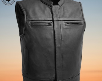 Men's Black Leather Biker Vest: Custom Slim Fit Waistcoat, New Style Vest