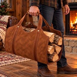 May include: A brown suede leather firewood carrier with reinforced stitched handles and brass-toned rivets, filled with several pieces of split logs. The carrier features a curved open-top design and sturdy vertical straps for carrying heavy loads.