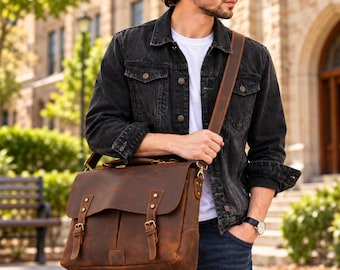Leather Messenger Bag, Vintage Leather Briefcase, Brown Work Bag, Leather Laptop Bag, Crossbody Shoulder Bag, Business Satchel