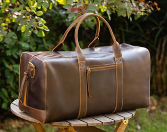 Personalized Handmade Leather Duffle Bag, Brown Weekender Travel Bag