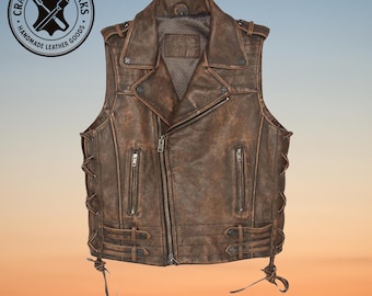 Men's Black Cowhide Leather Biker Vest - Vintage Style