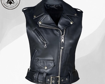 Vintage Black Leather Motorcycle Vest: Women's Genuine Leather Waistcoat