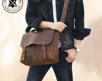 Handmade Vintage Leather Laptop Messenger Bag, Personalized Travel Tote