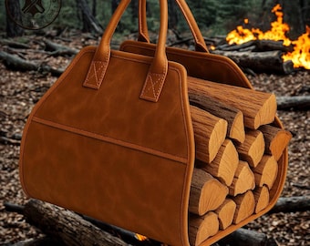 Handmade Leather Firewood Carrier, Personalized Fireplace Accessory