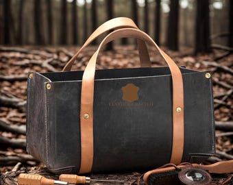 Handmade Leather Firewood Carrier, Personalized Log Tote, Cabin Decor