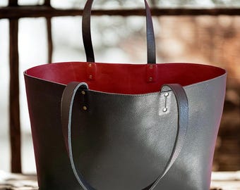 Personalized Black Leather Tote Bag, Handmade Women's Shoulder Bag