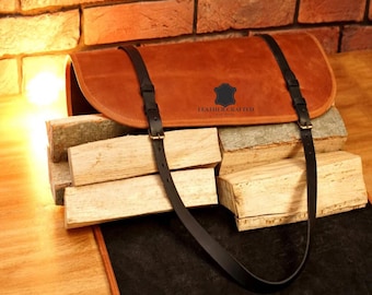Handmade Leather Firewood Log Carrier, Personalized Fireplace Accessory