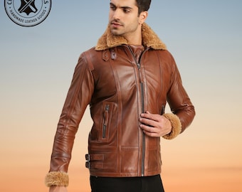 Handmade Brown Leather Aviator Jacket: Shearling Fur Collar