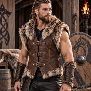 Viking Leather Vest with Fur Trim with Arm Braces, Medieval Warrior Costume, Men's LARP Cosplay Renaissance Faire Vest