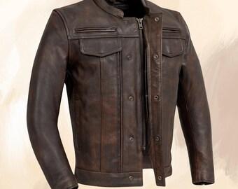Men's Vintage Deep Brown Leather Bomber Jacket: Handmade Real Leather