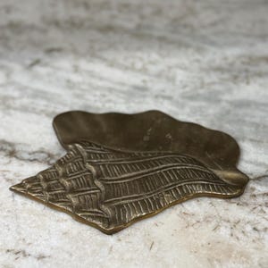 May include: A bronze-colored seashell-shaped object with detailed ridges and a textured surface. The object has a flat base and a curved, irregular top, suggesting it could be a decorative item or a small dish.