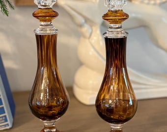 Clear and Amber Tortoise Shell Blown Glass Candle Holders