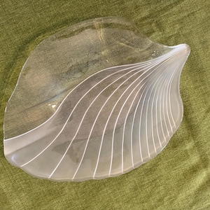 May include: A clear glass decorative dish with a petal-like shape. The dish features white, curved lines radiating from the center, creating a textured design. The dish is set against a green background.