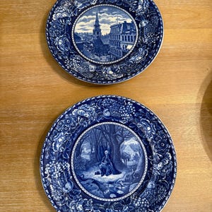 May include: Two blue and white decorative plates. Each plate features a central scene surrounded by a floral and fruit border. One plate depicts a cityscape with a church steeple, the other a forest scene with a figure.
