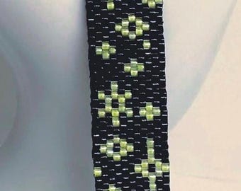Black Beaded Bracelet with Neon Green Pattern, Handmade Wide Miyuki Beadwork