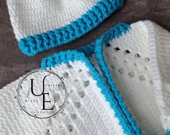 Ensemble Gilet Hexagone et Bonnet Pompon Crochet pour Bébé | Idée de Cadeau Naissance