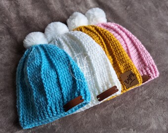 Bonnet de Naissance Bébé avec Pompon, Idée Cadeau pour Nouveau Né