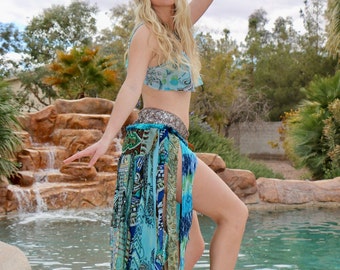Boho Gypsy Mermaid Tattered Up Cycled Belt Skirt, Festival Bustle, Swim Cover Up,Belly Dance Skirt, Mermaid Skirt, Aqua Blue Wrap