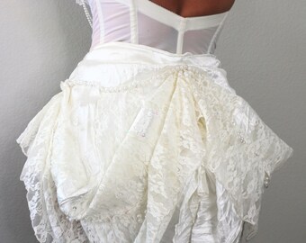 White Mini Bustle,Alternative Wedding,Burlesque,Festival Wedding,Romantic Lace Lingerie Bustle,Sexy Costume,One of a Kind,White Party Outfit