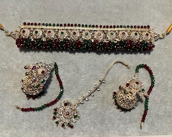 Marroon and Green choker set with earrings and tikka