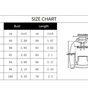May include: Size chart for a T-shirt, showing bust and length measurements in inches and centimeters. Sizes range from S to 3XL, with bust measurements from 2.89 to 3.28 inches (88 to 100 cm) and lengths from 1.97 to 2.3 inches (60 to 70 cm).