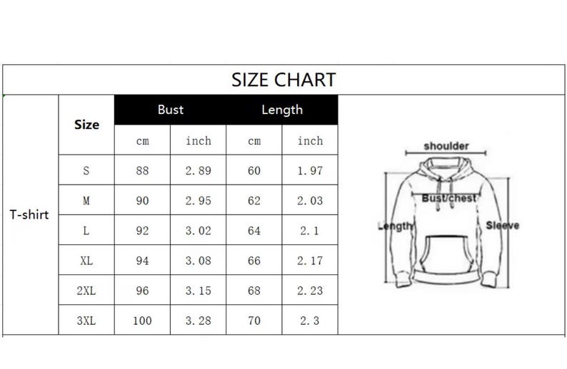 May include: Size chart for a T-shirt, showing bust and length measurements in inches and centimeters. Sizes range from S to 3XL, with bust measurements from 2.89 to 3.28 inches (88 to 100 cm) and lengths from 1.97 to 2.3 inches (60 to 70 cm).