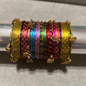 Gold colour Kashmiri bangles with multicolour glass churiya size 2.6