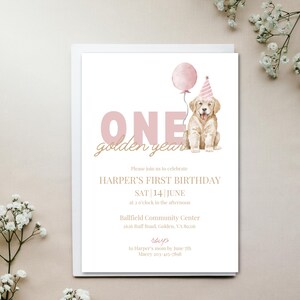 One Golden Year First Birthday Party Invitation | Editable Template | Instant Download | Golden Retriever Preppy Girl Pink Canva Invitation