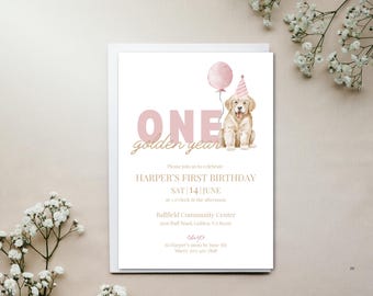 One Golden Year First Birthday Party Invitation | Editable Template | Instant Download | Golden Retriever Preppy Girl Pink Canva Invitation