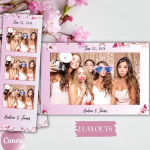 Modèle Canva Photobooth Mariage – Thème Floral & Romantique – Format 2x6” Bandelette et 4x6” Carte – Personnalisable et Imprimable