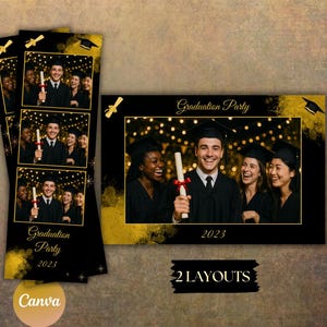 TEMPLATE PHOTOBOOTH Formatura, Gala, Canva – Template Personalizável 2x6” e 6x4” – Preto e Dourado, Banner e Postal para imprimir