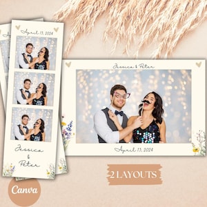 Template Photobooth Mariage Champêtre & Floral – Modèle Canva Personnalisable 2x6” et 6x4” – Bandelette et Carte Postale à Imprimer