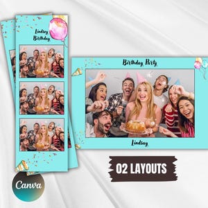 TEMPLATE PHOTOBOOTH ANNIVERSAIRE Canva – Modèle personnalisable 2x6” & 6x4” – Bandelette et Carte postale à imprimer