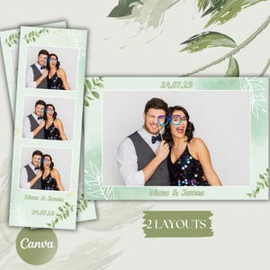 Template Photobooth Mariage, Botanique, Floral, Vert – Modèle Canva Personnalisable 2x6” et 6x4” – Bandelette et Carte Postale à Imprimer