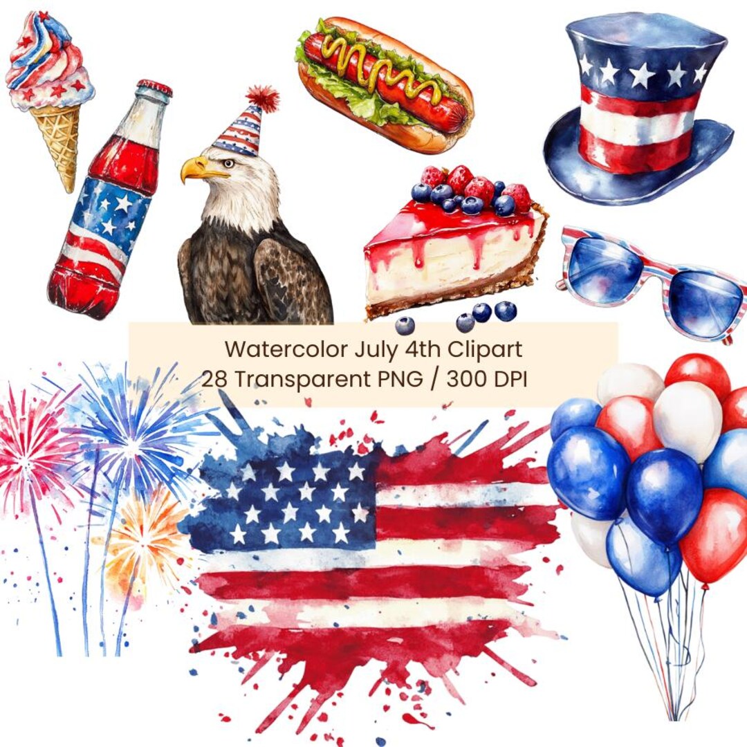 4th of July Watercolor Clipart Bundle: Patriotic USA Graphics (pngs ...