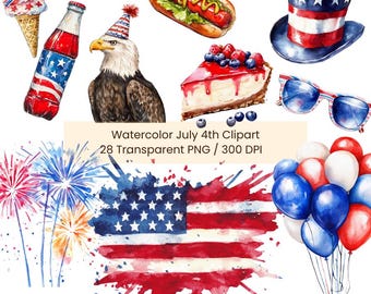 Lot de cliparts aquarelle du 4 juillet : graphiques patriotiques des États-Unis (PNG, téléchargement numérique