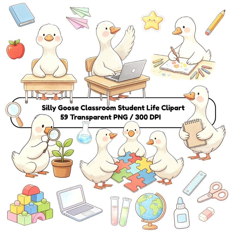 Pu&ograve; includere: Un set di illustrazioni digitali intitolato Silly Goose Classroom Student Life Clipart 59 Transparent PNG 300 DPI con oche bianche in contesti scolastici, tra cui un portatile, un mappamondo, libri, matite, pezzi di puzzle e materiale scolastico.