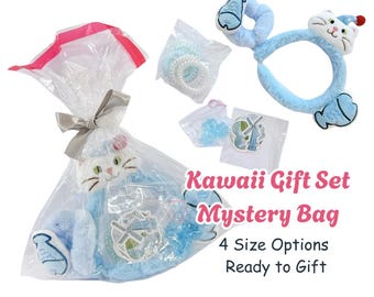 Kawaii Clear Bag Gift Set Surprise Bag, Hair Accessories, Squishies, Stickers, Charms Mystery Bundle