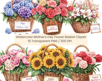 Mother's Day Flower Basket Clipart: Spring Bouquet PNGs (Digital Download)