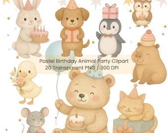 Animal Party Clipart Bundle: Pastel Birthday PNG Images (Digital Download